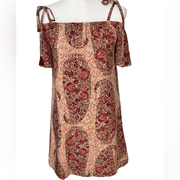 Madewell Dress Silk Cold Shoulder Women XS Pink Red Paisley Print Watercolor R2 - Picture 1 of 13
